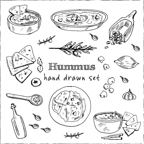 Hummus Vector set with food and drink hand drawn doodles. — Stock Vector