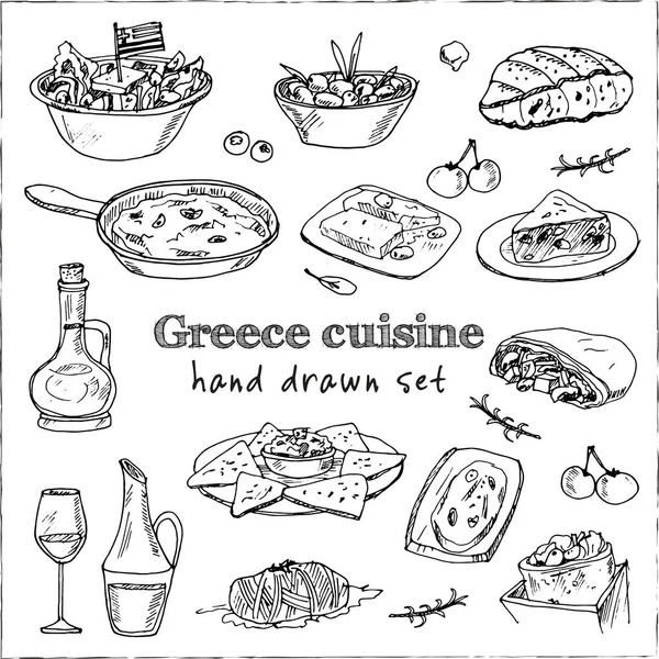 Grecia cocina Vector conjunto con comida y bebida garabatos dibujados a mano. — Vector de stock