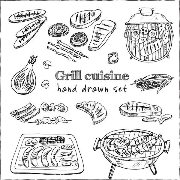 Grill cuisine Menu doodle iconen Vector illustratie op schoolbord — Stockvector