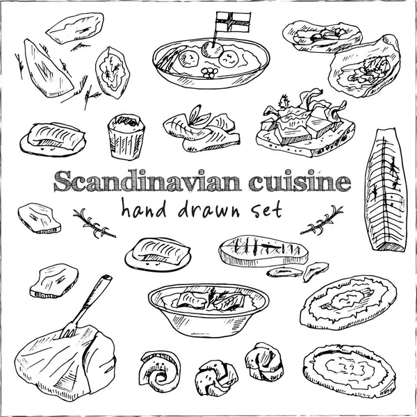 Scandinavische keuken Menu doodle iconen Vector illustratie op schoolbord — Stockvector