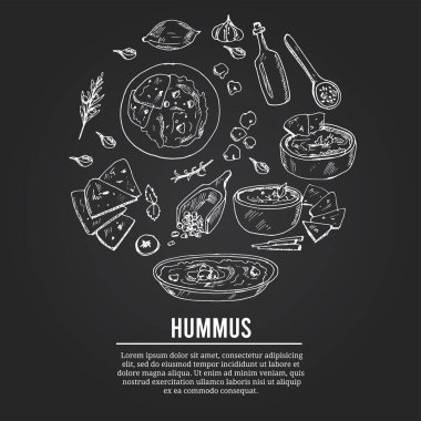 Humus vektörü, yiyecek ve içecek ile hazırlandı..