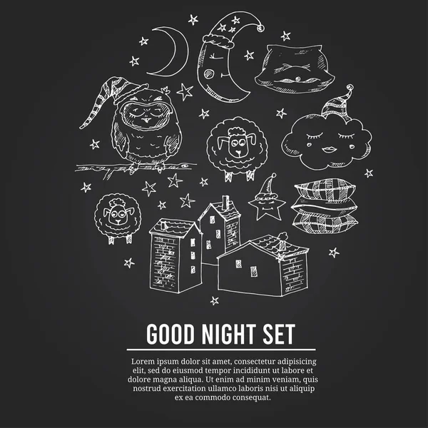Doodle σύνολο εικόνων για την καλή νύχτα Vector εικονογράφηση — Διανυσματικό Αρχείο