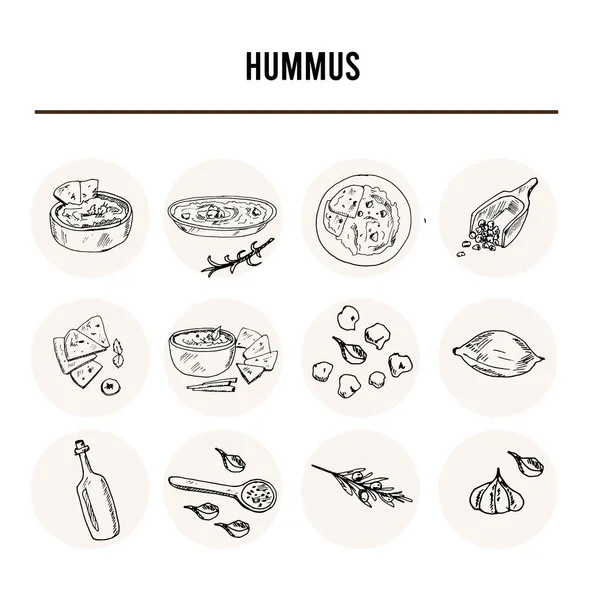 Hummus Vector set s jídlem a pitím ručně kreslené čmáranice. — Stockový vektor