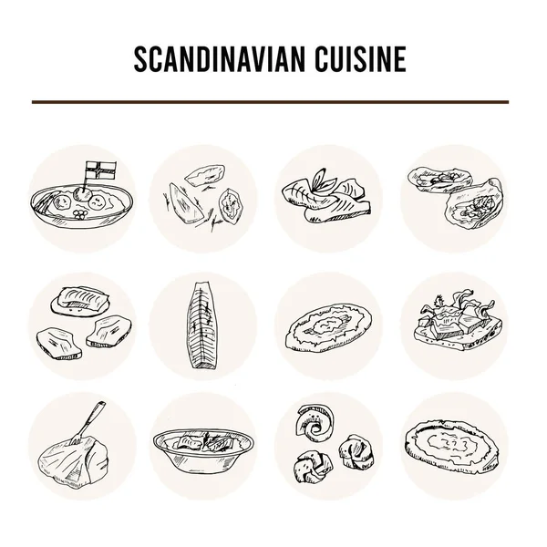 Cocina escandinava Menú doodle iconos Ilustración vectorial en pizarra — Vector de stock