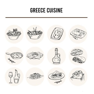 Yunanistan mutfak Vektörü, yiyecek ve içecekle hazırlandı.