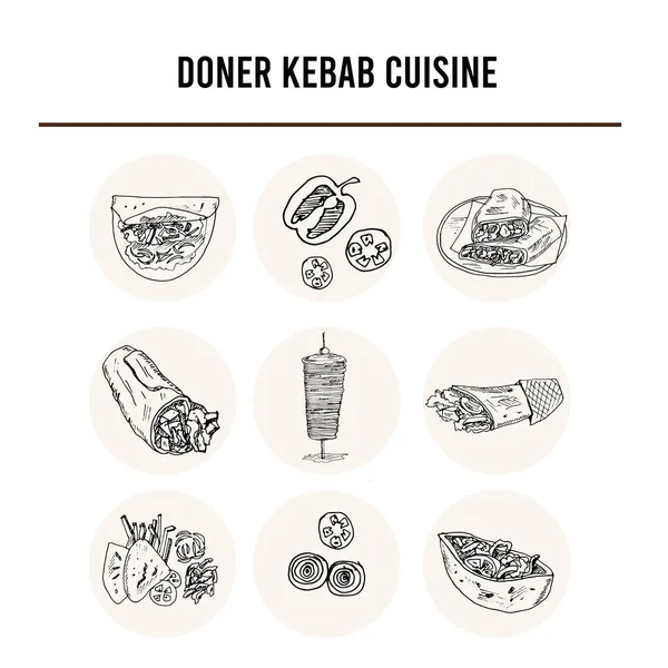 Donner kebeb cuisine Menú doodle iconos Ilustración vectorial en pizarra — Vector de stock
