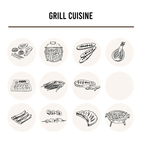 Cucina alla griglia Menu icone scarabocchiare Illustrazione vettoriale sulla lavagna — Vettoriale Stock