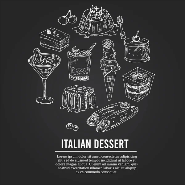 Conjunto de vectores de postre italiano con comida y bebida garabatos dibujados a mano. — Vector de stock