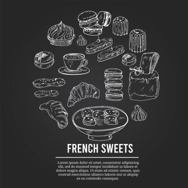 Fransız tatlıları, yiyecek ve içecek dolu taşıyıcı..