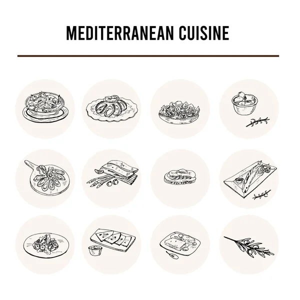 Cucina mediterranea Set vettoriale con cibo e bevande scarabocchi disegnati a mano. — Vettoriale Stock
