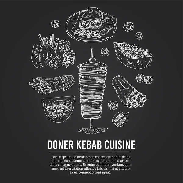 Donner kebeb cuisine Menú doodle iconos Ilustración vectorial en pizarra — Vector de stock