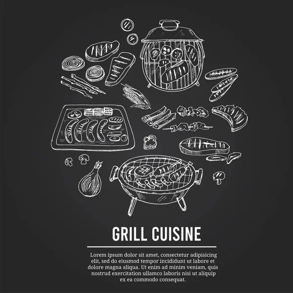 Cocina a la parrilla Menú doodle iconos Ilustración vectorial en pizarra — Vector de stock