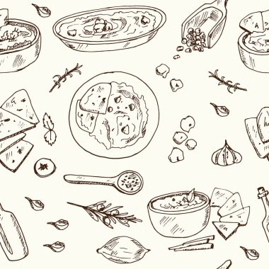 Humus Vektör deseni, yiyecek ve içeceklerle çizilmiş..