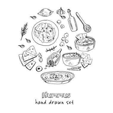 Humus vektörü, yiyecek ve içecek ile hazırlandı..