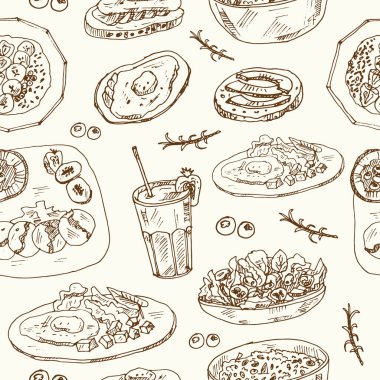 Spor kahvaltısı. Yemek ve içecek karalamalarıyla kusursuz bir şablon..