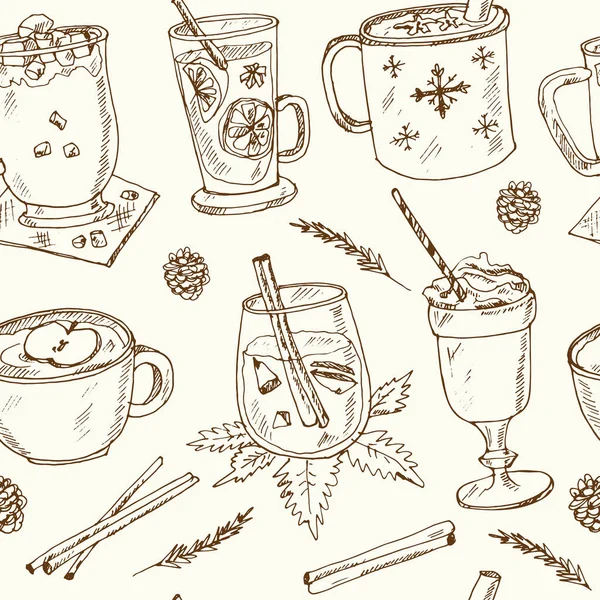 Boissons chaudes de Noël Modèle sans couture vectoriel avec nourriture et boissons griffes dessinées à la main. — Image vectorielle