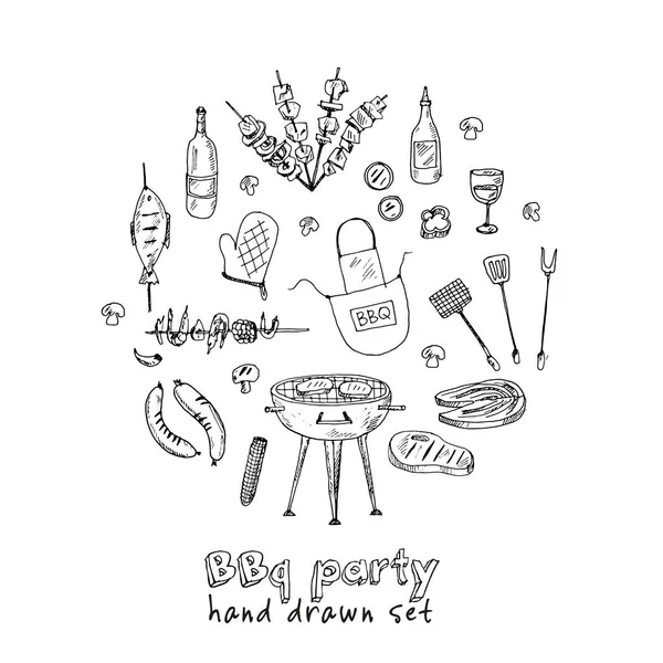 Bbq party set Menu doodle iconen Vector illustratie op schoolbord — Stockvector