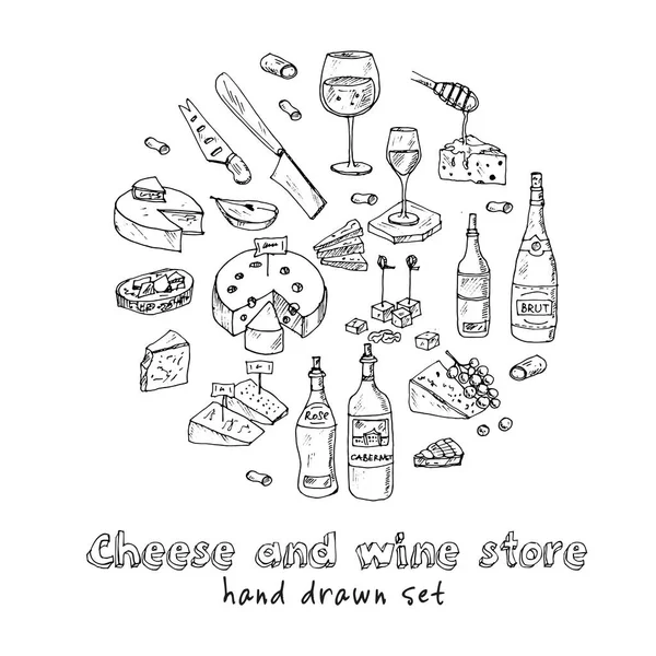 Tienda de quesos y vinos Set de vectores con comida y bebida garabatos dibujados a mano. — Archivo Imágenes Vectoriales