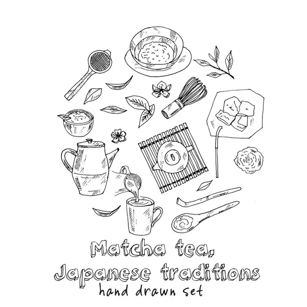 Matcha-Tee japanische Traditionen Menü-Doodle-Symbole Vektor-Illustration auf Tafel — Stockvektor