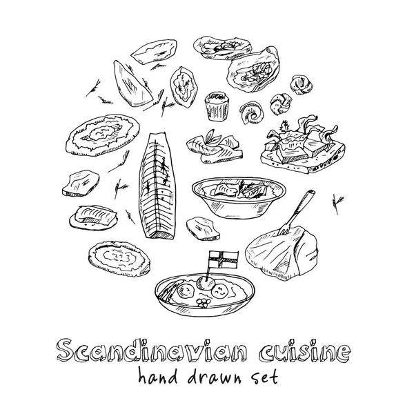 Skandinávská kuchyně Menu doodle ikony Vektorové ilustrace na tabuli — Stockový vektor