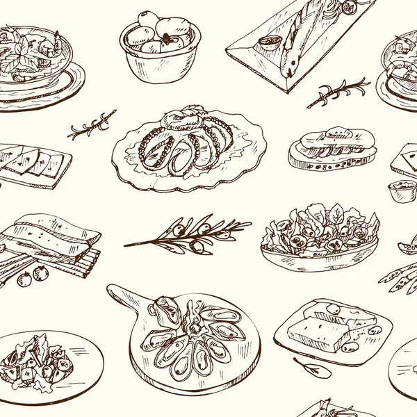 Mediterranean cuisine Vector seamless pattern with food and drink hand drawn doodles.