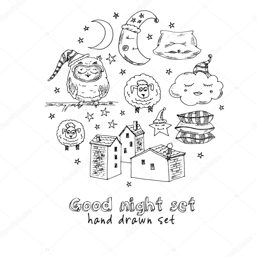 Doodle set of images about good night Vector illustration