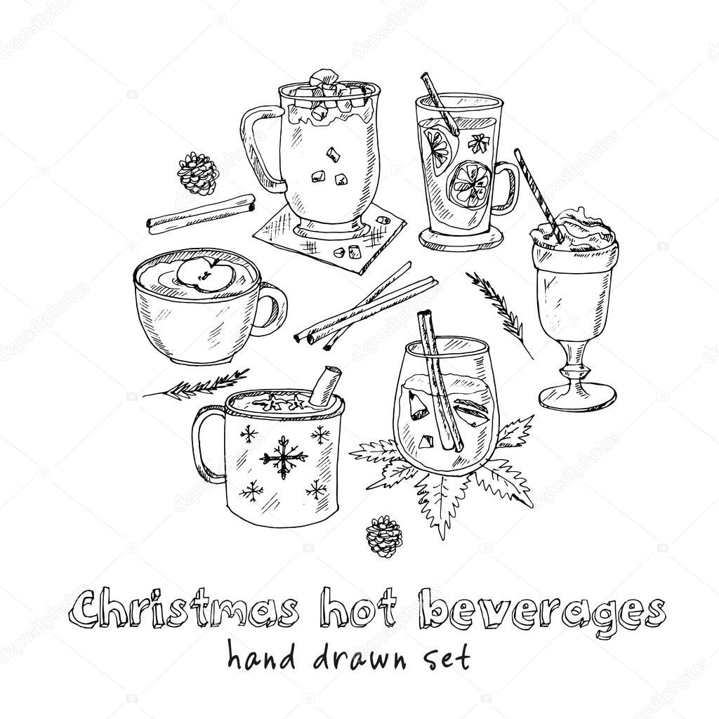 Christmas hot beverages Vector set with food and drink hand drawn doodles.