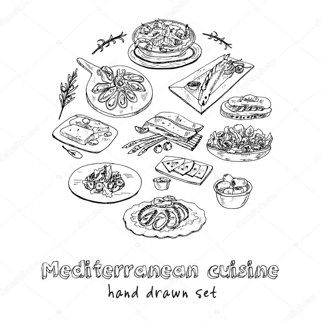 Mediterranean cuisine Vector set with food and drink hand drawn doodles.