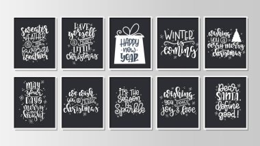 Mutlu Noeller ve kaligrafili yılbaşı hediye etiketleri ve kartlarla ayarlandı. El yazısıyla yazılmış harfler. El yapımı tasarım elementleri. Yazdırılabilir ögeler 