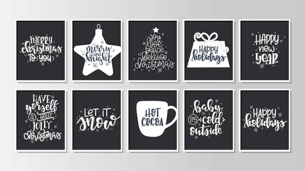 Set con Feliz Navidad y Feliz Año Nuevo etiquetas de regalo vintage y tarjetas con caligrafía. Letras manuscritas. Elementos de diseño dibujado a mano. Artículos imprimibles — Vector de stock