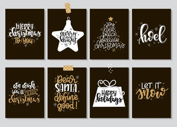 Definir com Feliz Natal e Feliz Ano Novo etiquetas de presente vintage e cartões com caligrafia. Letras manuscritas. Elementos de design desenhados à mão. Artigos imprimíveis —  Vetores de Stock