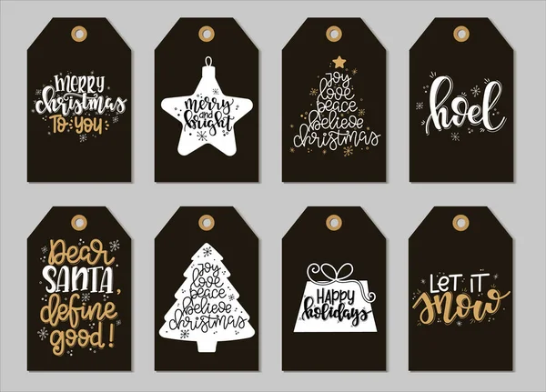 Set with Merry Christmas and Happy New Year vintage gift tags and cards with calligraphy. Handwritten lettering. Hand drawn design elements. Printable items — Stock Vector