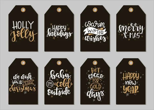 Set con Feliz Navidad y Feliz Año Nuevo etiquetas de regalo vintage y tarjetas con caligrafía. Letras manuscritas. Elementos de diseño dibujado a mano. Artículos imprimibles — Vector de stock