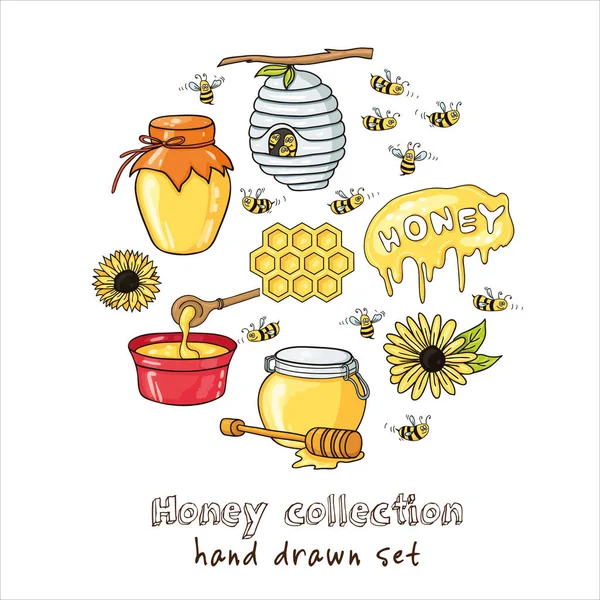 Hand drawn vector set with honey elements. Bee, honey, bee house, flowers, honeycomb. — Stock Vector