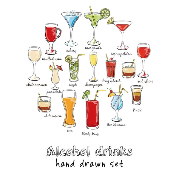 Bevande alcoliche. Illustrazione disegnata a mano di cocktail, comprese ricette e ingredienti. — Vettoriale Stock