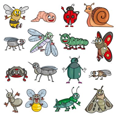 Böcekler seti: arı, solucan, uğur böceği, salyangoz, sinek, yusufçuk, tırtıl, kelebek, örümcek, sivrisinek, böcek, karınca, çekirge, güve taşıyıcı illüstrasyon