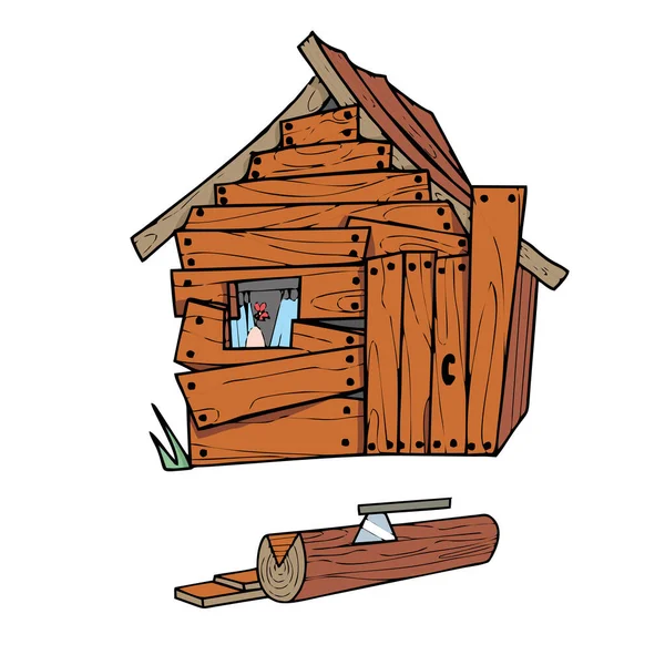 Casa de madeira no fundo branco Desenhos animados bonitos — Vetor de Stock