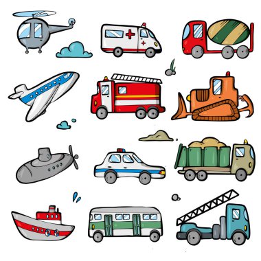 Helikopter, ambulans, beton karıştırıcı, buldozer, uçak, itfaiye aracı, denizaltı, polis arabası, kamyon, gemi, otobüs, beyaz arka planda araba kaldırma. 