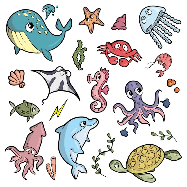 Animales marinos sobre fondo blanco Lindo dibujo animado — Archivo Imágenes Vectoriales