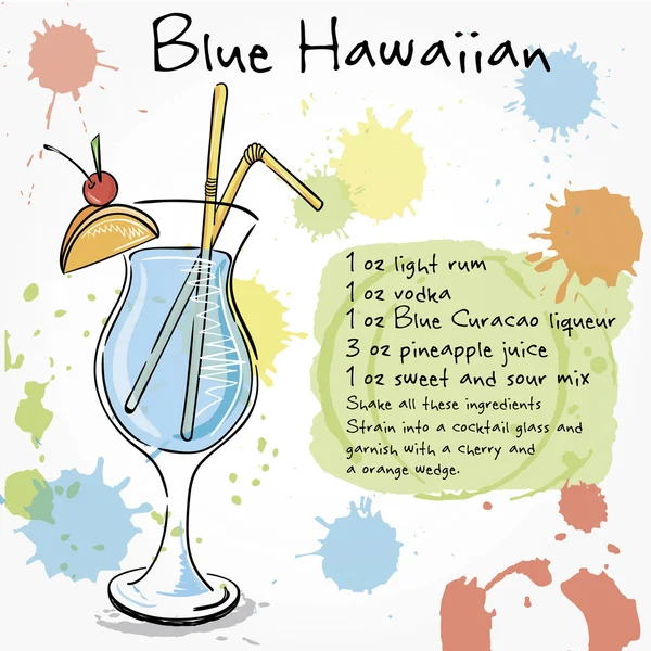 Blu hawaiano. Illustrazione disegnata a mano di cocktai . — Vettoriale Stock