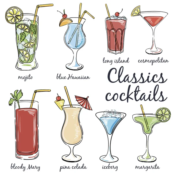 Klasik kokteyller. Elle çizilmiş illüstrasyon 