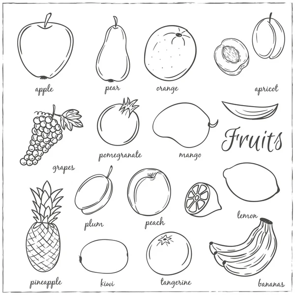 Χέρι που doodle φρούτα με τα ονόματα — Διανυσματικό Αρχείο