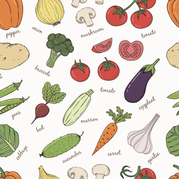 Légumes avec des noms motif sans couture . — Image vectorielle