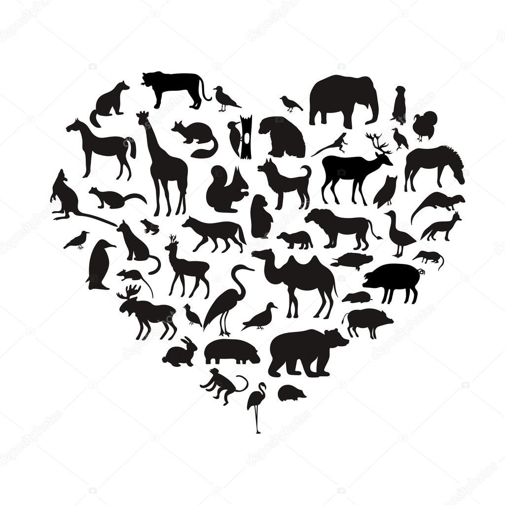 Animals silhouettes in shape of heart