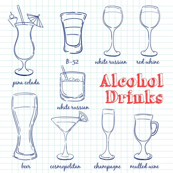 Bebidas alcohólicas. Dibujado a mano — Vector de stock