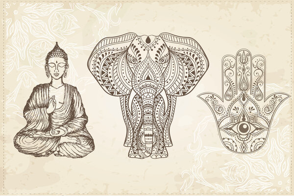 Indian Hamsa, Elephant, and Buddha