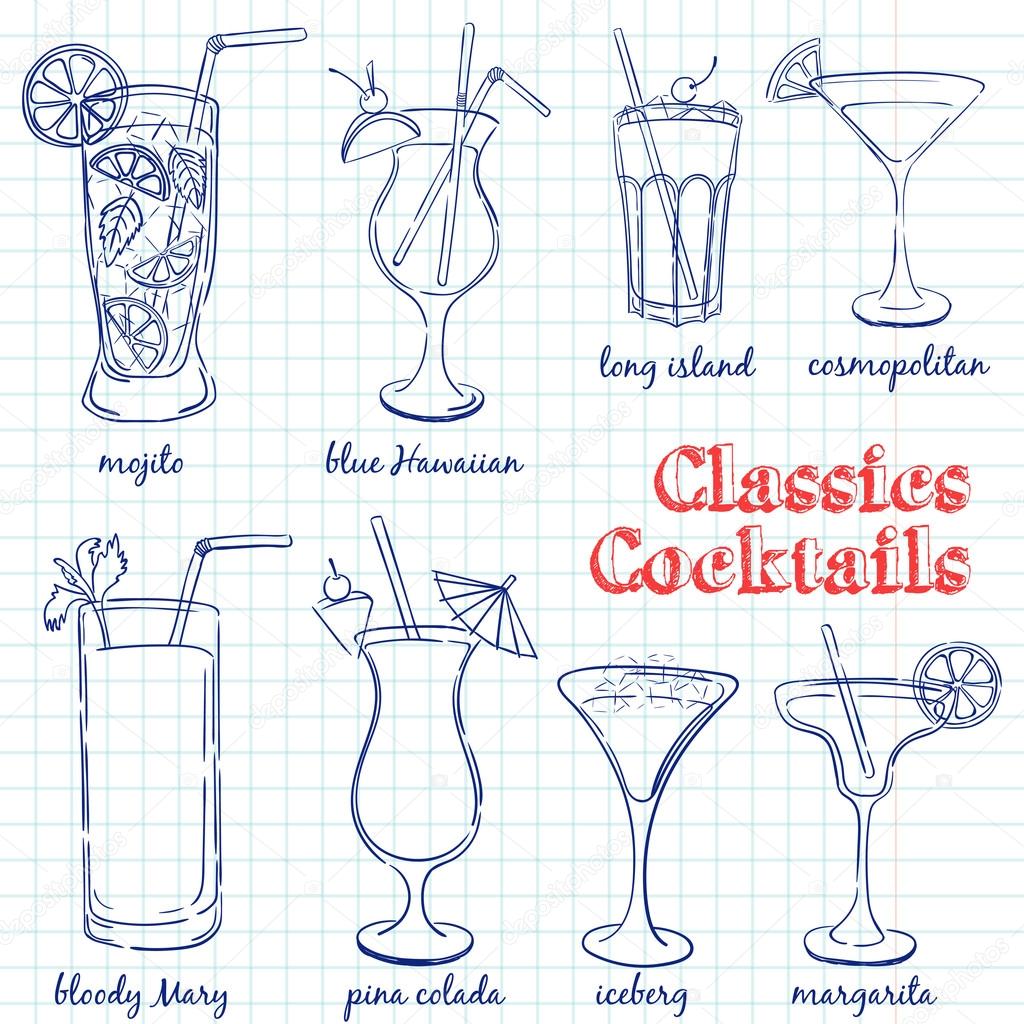 Classic Cocktails. Hand drawn illustration