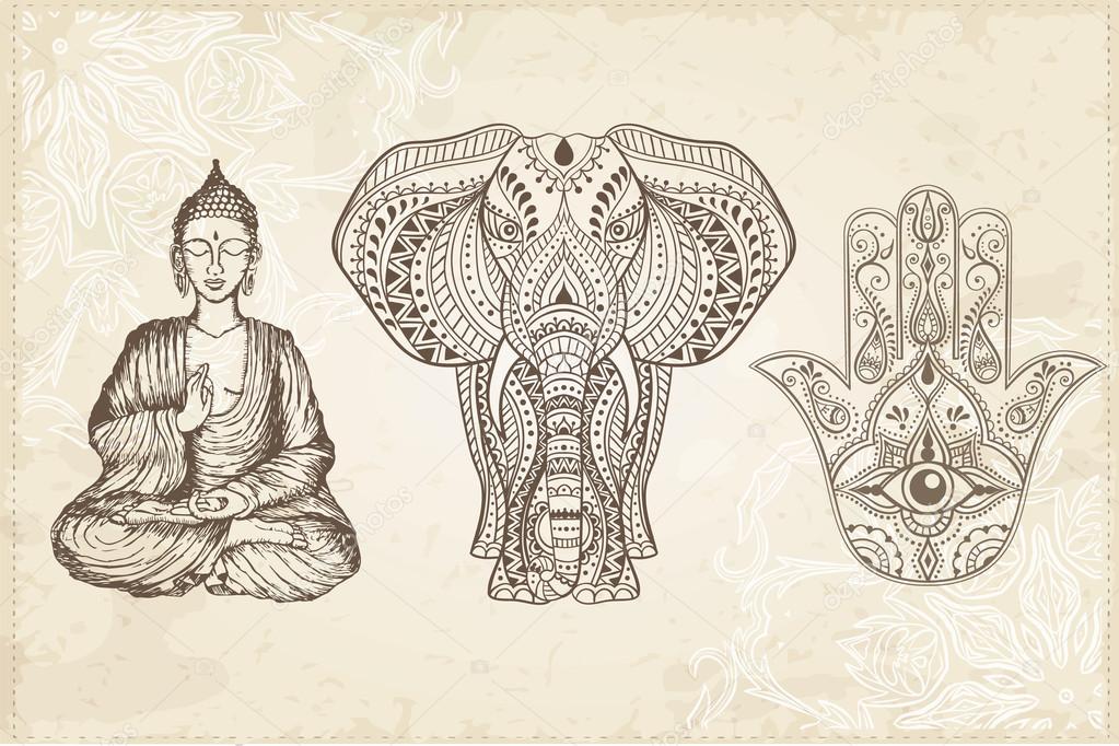 Indian Hand Drawn Hamsa with All Seeing Eye, Elephant, and Sitting Buddha. Arabic and Jewish amulet. Vector Illustration.