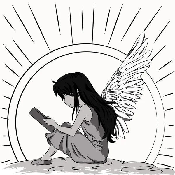 Illustrazione bambino-angelo illuminato dal sole che legge un libro — Vettoriale Stock
