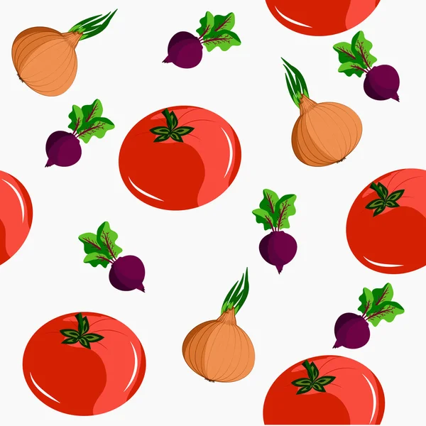 Sem emenda com legumes: tomates, beterrabas e cebolas. Pode ser. — Vetor de Stock